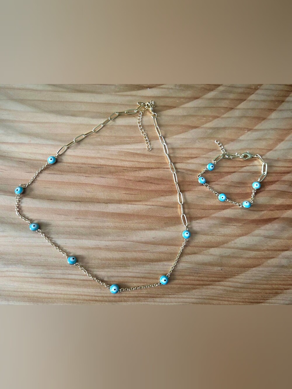 Allie + Bess Gold Necklace and Bracelet Set with Blue Evil Eye Beads